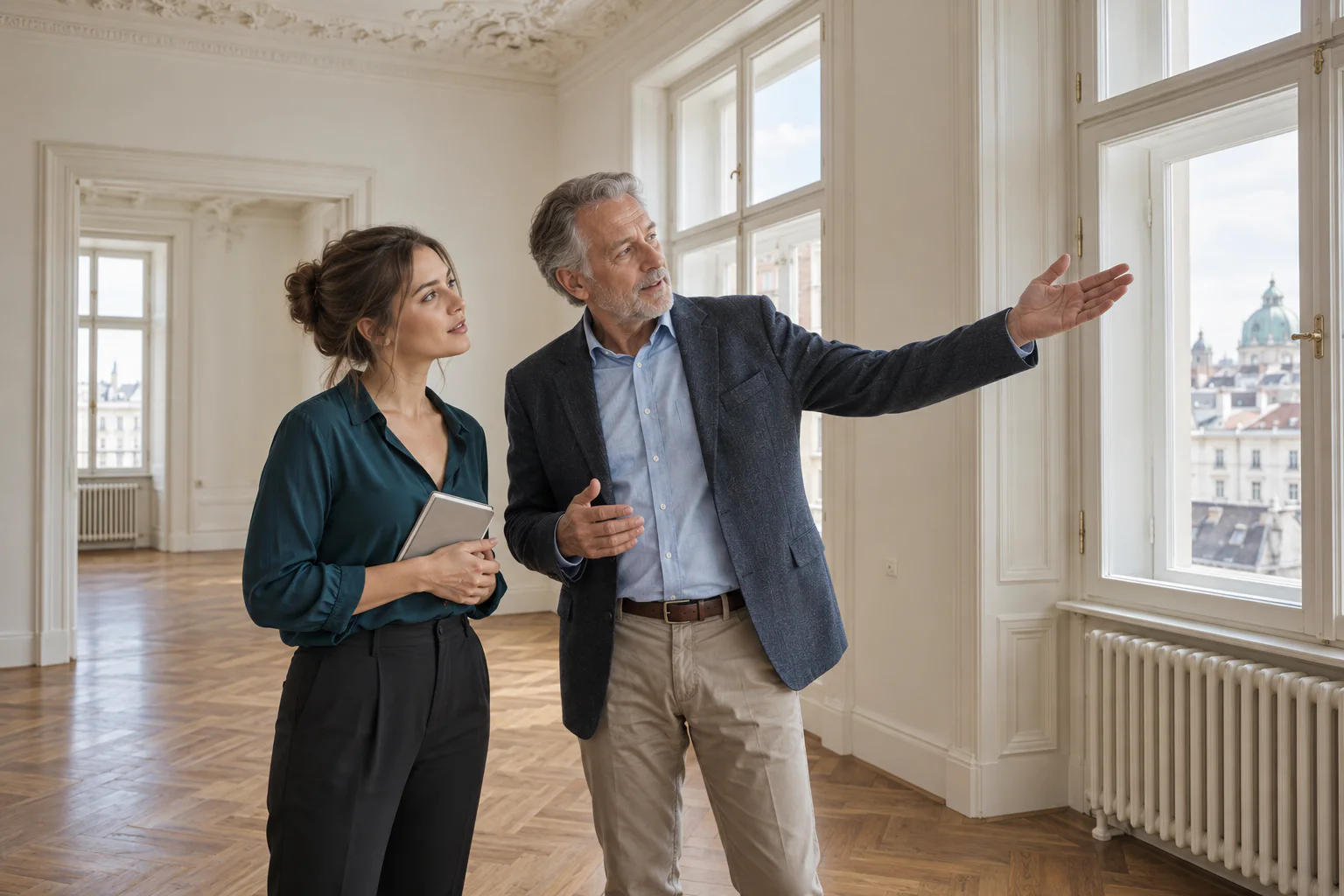 Junge Immobilienmitarbeiterin hört einem Eigentümer in einer hellen Wiener Altbauwohnung zu